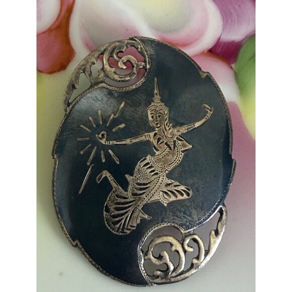 Vintage 40's Siam Sterling Silver Brooch Nielloware Goddess Dancer - Picture 5 of 8